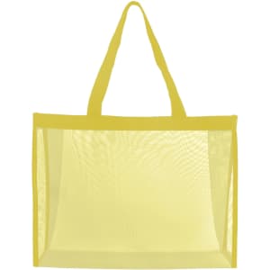 A yellow transparent mesh tote bag with two handles, featuring a logo on one side.