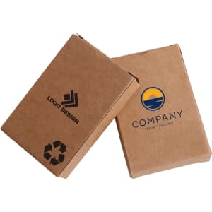 Two sets of Kraft paper playing cards in brown packaging, featuring logos on the boxes.