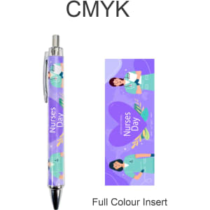 A ballpoint pen with a purple design featuring healthcare illustrations and a full colour insert.