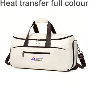 A convertible backpack duffel garment bag in cream with brown accents and a branding logo.