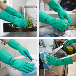 A set of reusable cleaning nitrile gloves in vibrant green, used for various cleaning tasks in different settings.