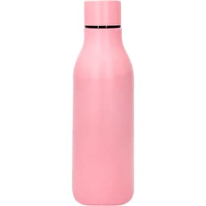 A drink bottle with a sleek, powder-painted finish in pink, featuring a cap and a logo.