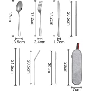 A stainless steel flatware set featuring a spoon, fork, knife, straws, and a cleaner, all in silver, with a carrying case.