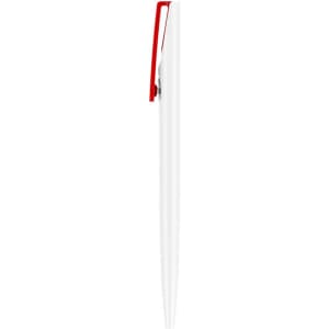 A plastic pen with a creamy white barrel and a red clip, featuring a logo on the body.