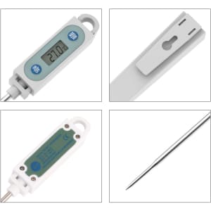 An instant read meat thermometer in white, featuring a long probe and a digital display. It includes a logo.