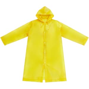 A yellow reusable PEVA raincoat with a hood, featuring a front button closure and long sleeves.