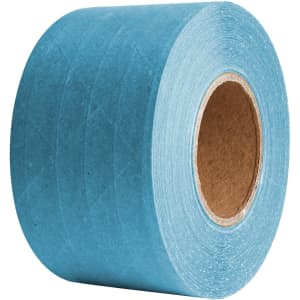 A roll of water-activated reinforced kraft paper tape in a light blue colour. It features a cardboard core.
