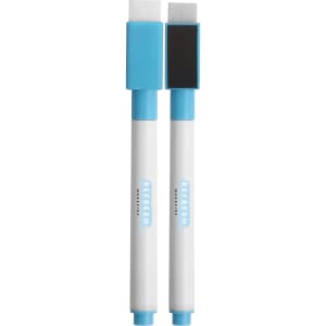 A set of two magnetic whiteboard markers in white with blue caps, featuring a felt tip and a flat end.
