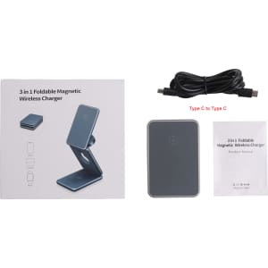 A foldable wireless charger stand in grey with a matching Type C cable. Includes a user manual and packaging.