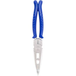 A plier-shaped blue ballpoint pen with a silver metal tip, featuring a branding logo.