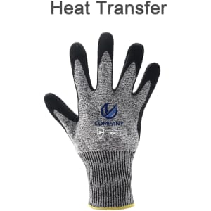 A cut-resistant nitrile glove in grey and black, featuring a logo on the palm and a yellow cuff.