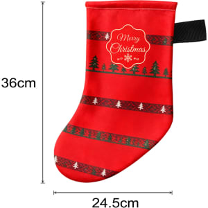 A red Christmas stocking with decorative patterns, featuring a logo and a loop for hanging. Dimensions listed.