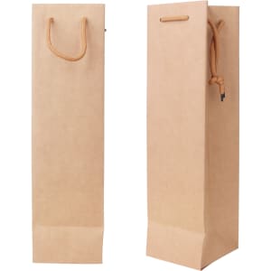 A drink bottle paper bag in a natural brown colour with a rope handle, featuring a simple design and a logo.