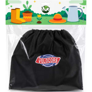 A black drawstring bag with a logo, packaged for waterproof boot covers. The background features gardening elements.