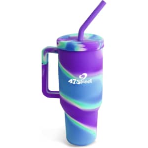 A drink bottle in vibrant purple and teal swirl design with a handle and a straw, featuring a logo.