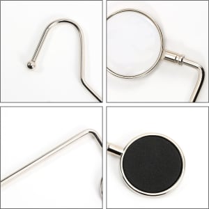 A round curved desk hook in silver, featuring a smooth, black grip and a hanging hook design.