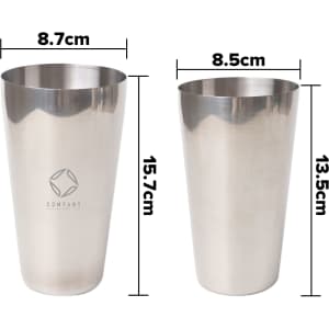 A stainless steel cocktail shaker set, featuring two sizes: 550ml and 750ml, with a polished finish and a logo.