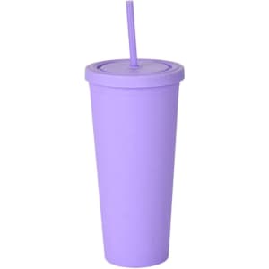A drink bottle featuring a matte purple finish, equipped with a lid and straw. It has a logo on the design.