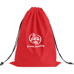A red laundry bag with a drawstring closure and a logo on the front.