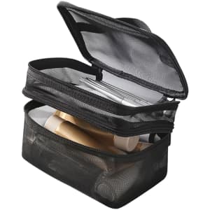 A black nylon mesh sheer cosmetic bag with double layers, featuring two zippered compartments and various cosmetic items inside.