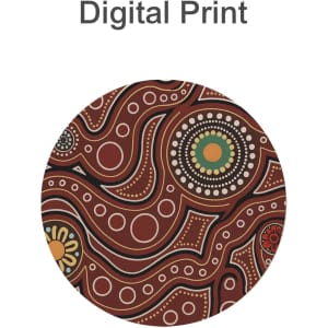 A round diatomaceous coaster featuring a vibrant digital print in earthy tones of red, green, and white.