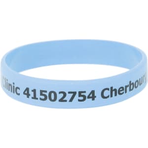 A light blue silicone wristband featuring text and a logo.