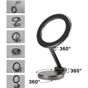 A sleek black adjustable 360° mirror with a round reflective surface and a sturdy base for stability.