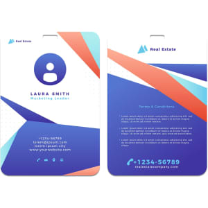 An acrylic name tag in shades of blue and orange with a logo and geometric design elements.