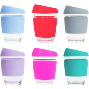 A drink bottle collection featuring six reusable glass coffee cups in pastel blue, red, grey, lavender, pink, and turquoise.
