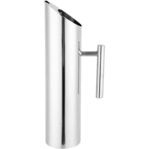 A drink bottle featuring a sleek, polished stainless steel design with a pointed spout and a side handle.