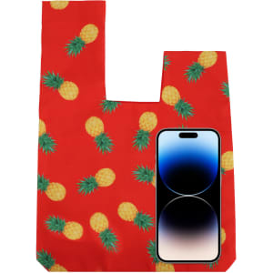 A red sublimation polyester wrist bag featuring a pineapple pattern, alongside an iPhone for scale.