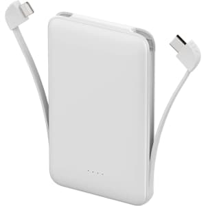 A slim white power bank with an integrated charging cable, featuring multiple USB connectors.
