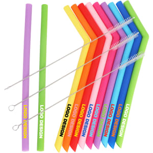 A set of reusable silicone straws in various bright colours with a cleaning brush, featuring a logo design.