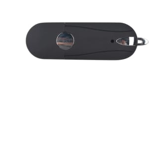 A black Aster Flash Drive with a metallic silver clip for easy attachment, featuring a sleek oval design.