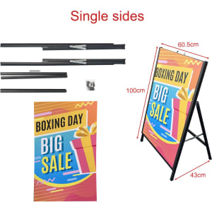 A metal A-frame sign set featuring vibrant colours, with single-sided display components and assembly hardware included.