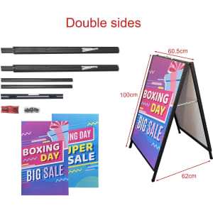 Metal A-frame signs in black with two graphic panels, displaying vibrant promotional designs. Includes assembly components.