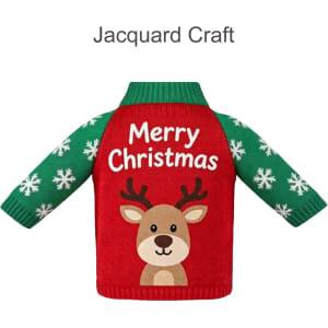 A drink bottle sleeve featuring a red body with a reindeer, green sleeves, and snowflake patterns.