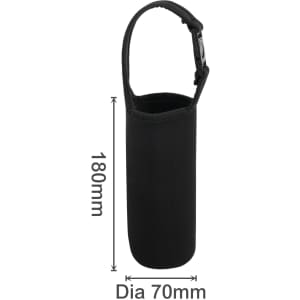 A drink bottle carrier pouch in black, featuring a strap for easy transport. Contains a logo.