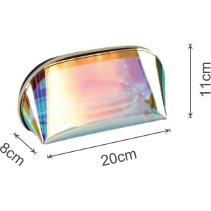 A holographic cosmetic pouch with a shiny, iridescent finish, measuring 20cm long, 11cm high, and 8cm deep.