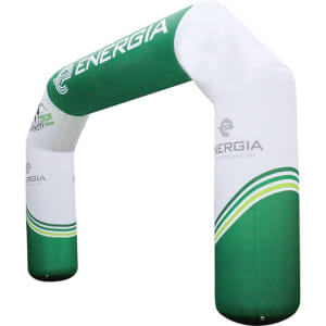 A large inflatable arch in green and white, featuring branding and a curved design suitable for exhibitions and events.