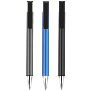 A set of three pens in grey, blue, and black, featuring a sleek design and clips. Each pen has a discreet logo.