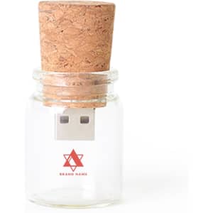 A glass bottle with a cork lid contains a USB flash drive. The bottle has a logo and is clear with a natural cork.