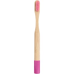 A small round handle bamboo toothbrush with a pink bristle head and pink bottom accent. It features a logo.