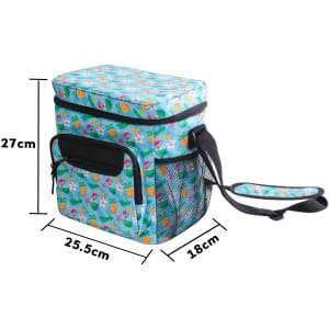 A colourful sublimation cooler bag with a strap, featuring a vibrant tropical print and mesh side pocket.