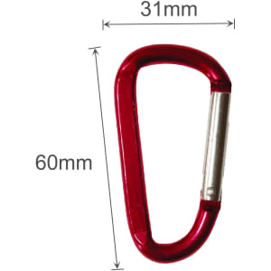 A red 6cm carabiner with a metallic clip, featuring a simple design and dimensions of 60mm by 31mm.