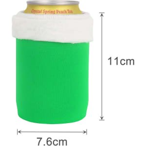 A green stubby holder with a white top, designed to fit standard drink cans. It features a logo.