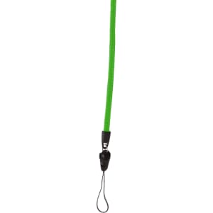A bright green zipper lanyard with a black attachment clip and loop at the end.