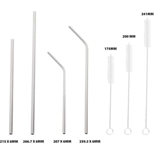 A collection of stainless steel drinking straws in various lengths and a cleaning brush, featuring a sleek silver finish.