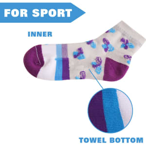 Ankle socks with a towel bottom feature a patterned design in purple and blue on a light background.