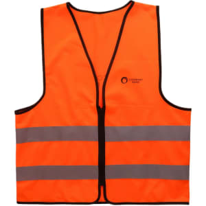 An orange hi-vis vest with horizontal reflective tape and a logo on the front. Ideal for workwear applications.